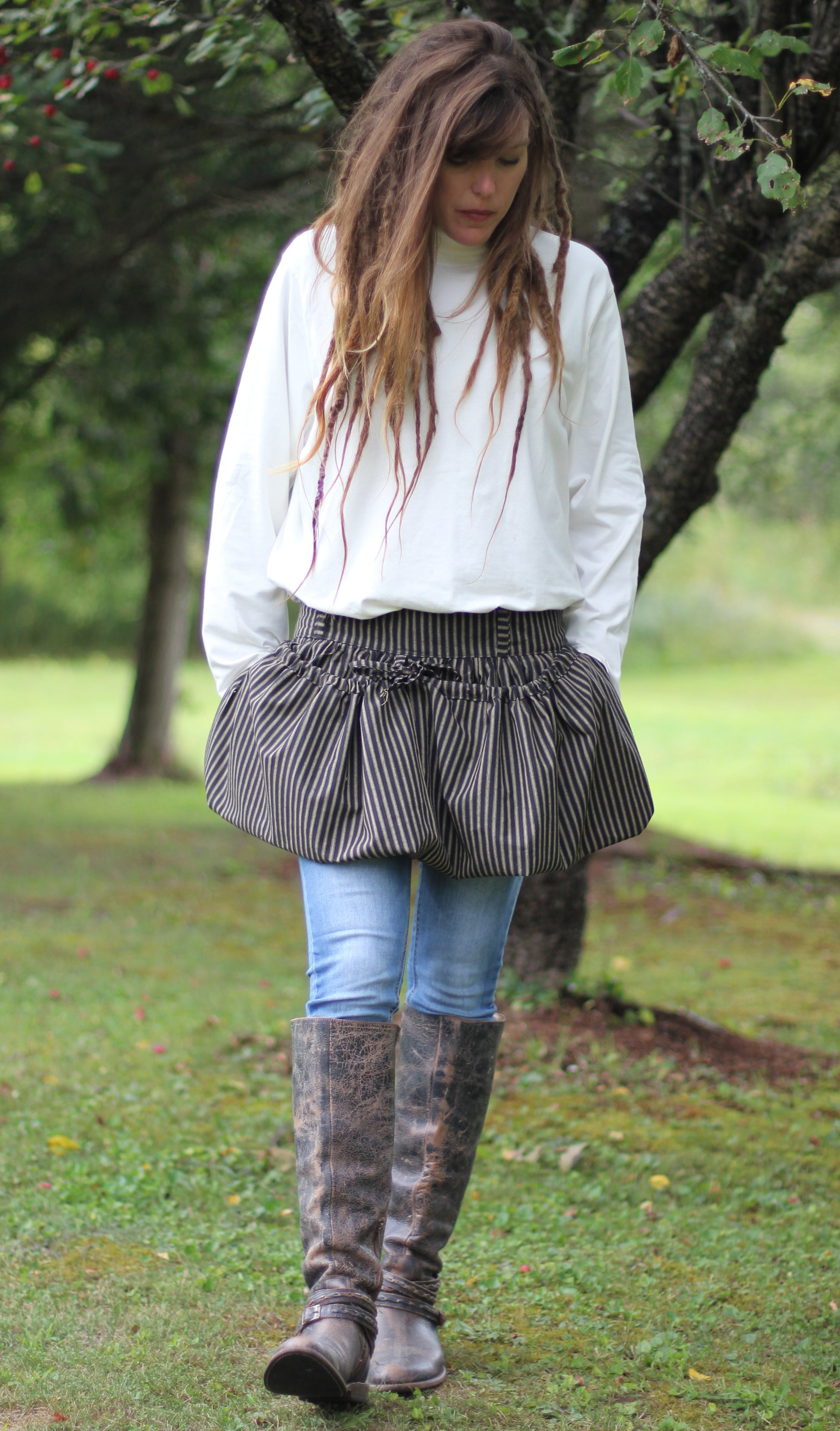 Gathering Apron in Black Stripe 100% Cotton Homespun in Reg and Plus Size - Front View 2
