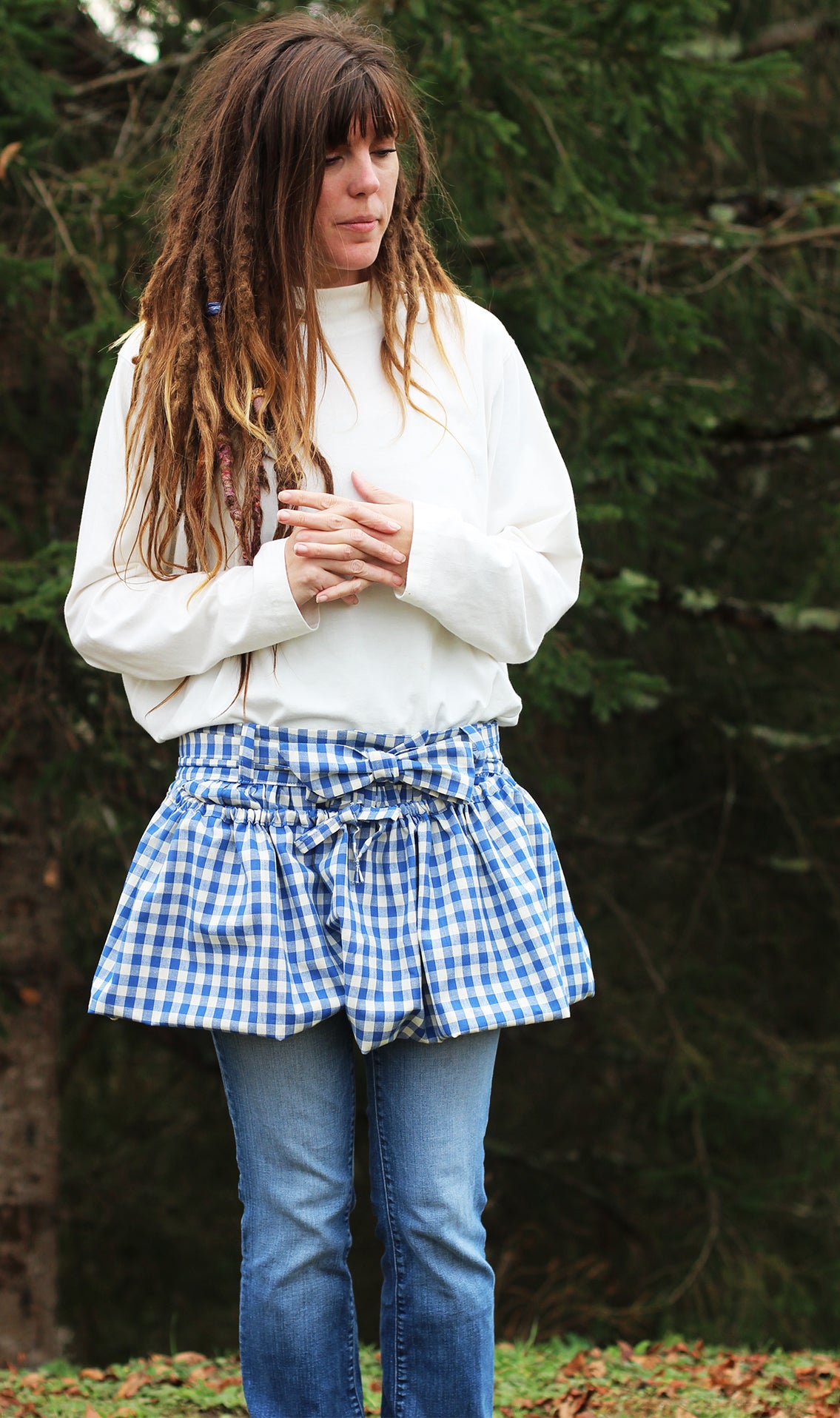 Gathering Apron in Blue and White Plaid 100% Cotton Homespun in Reg and Plus Sizes
