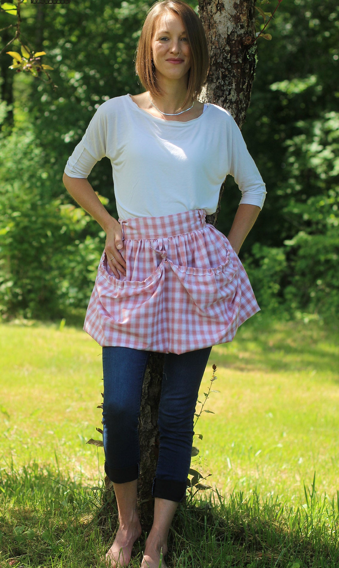 Gathering Apron in Pink and White Check 100% Cotton Homespun - Front View 2