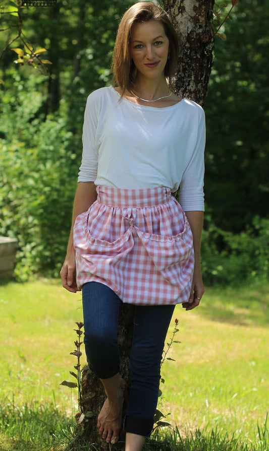 Gathering Apron in Pink and White Check 100% Cotton Homespun - Front View
