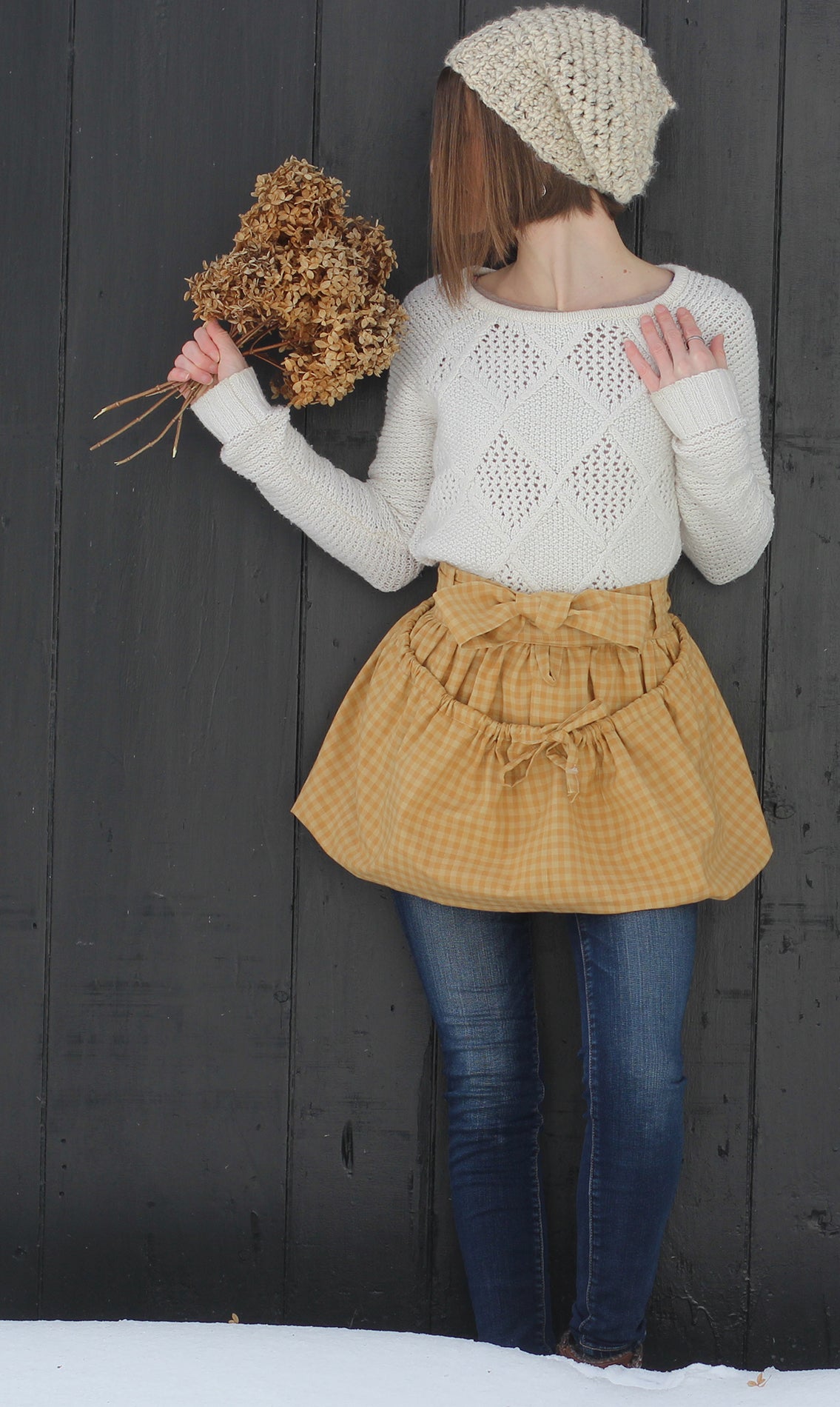 Gathering Apron in Dijon Plaid 100% Cotton Homespun in Reg and Plus Size - Front View 1