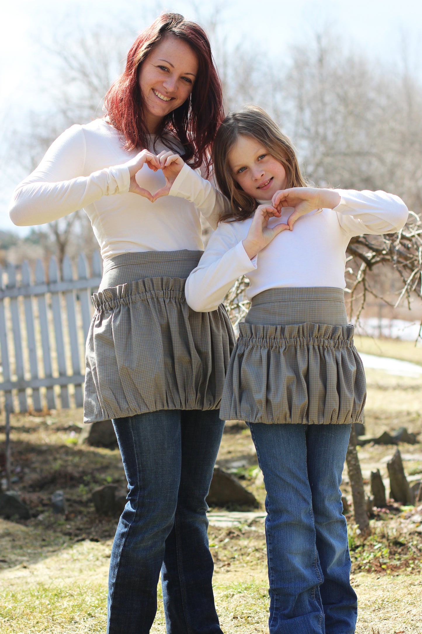 Me and Mommy Ruffled Gathering Apron Set in Colonial Blue Homespun