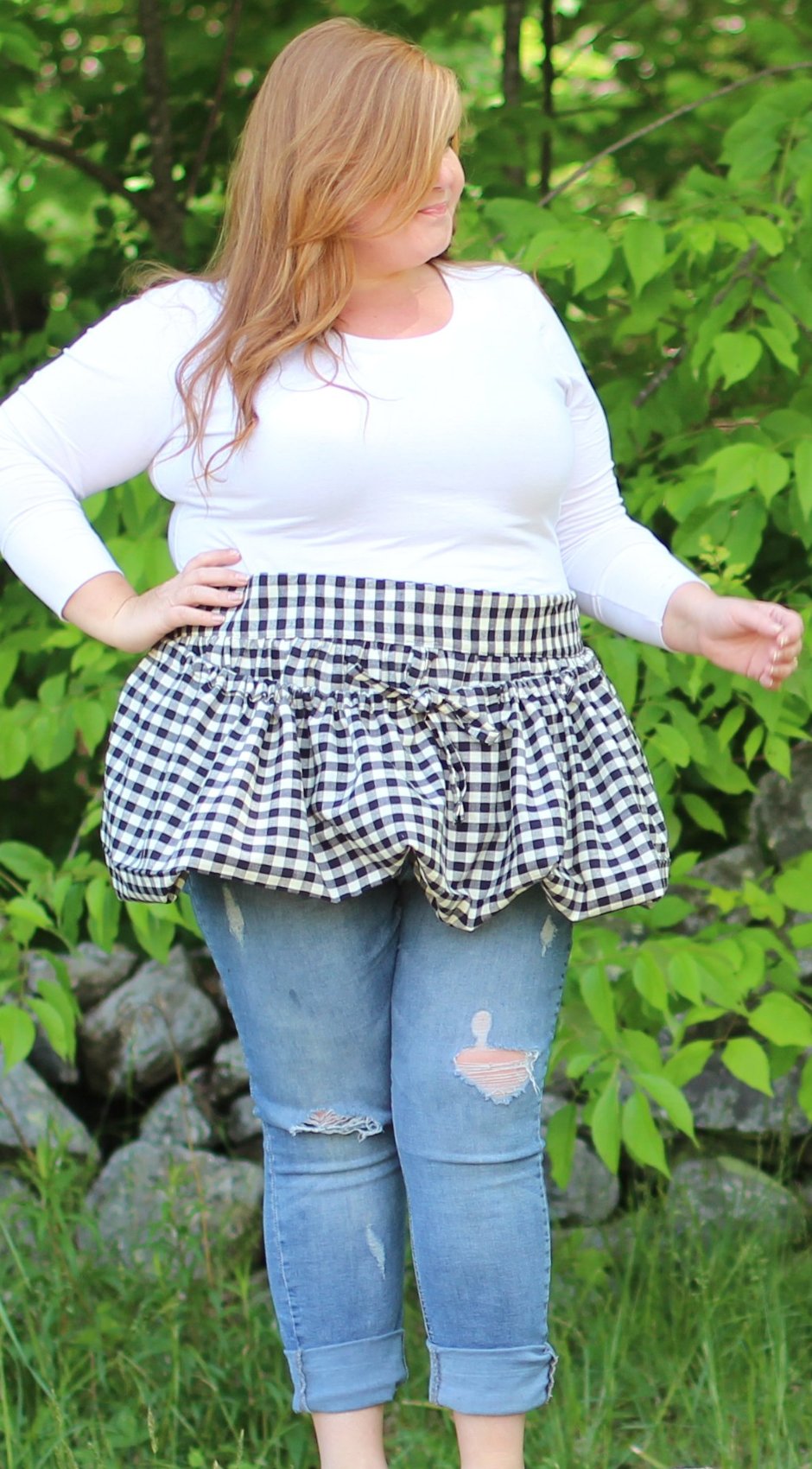 Gathering Apron in Black and White Plaid 100% Cotton Homespun in Reg and Plus Size, front view