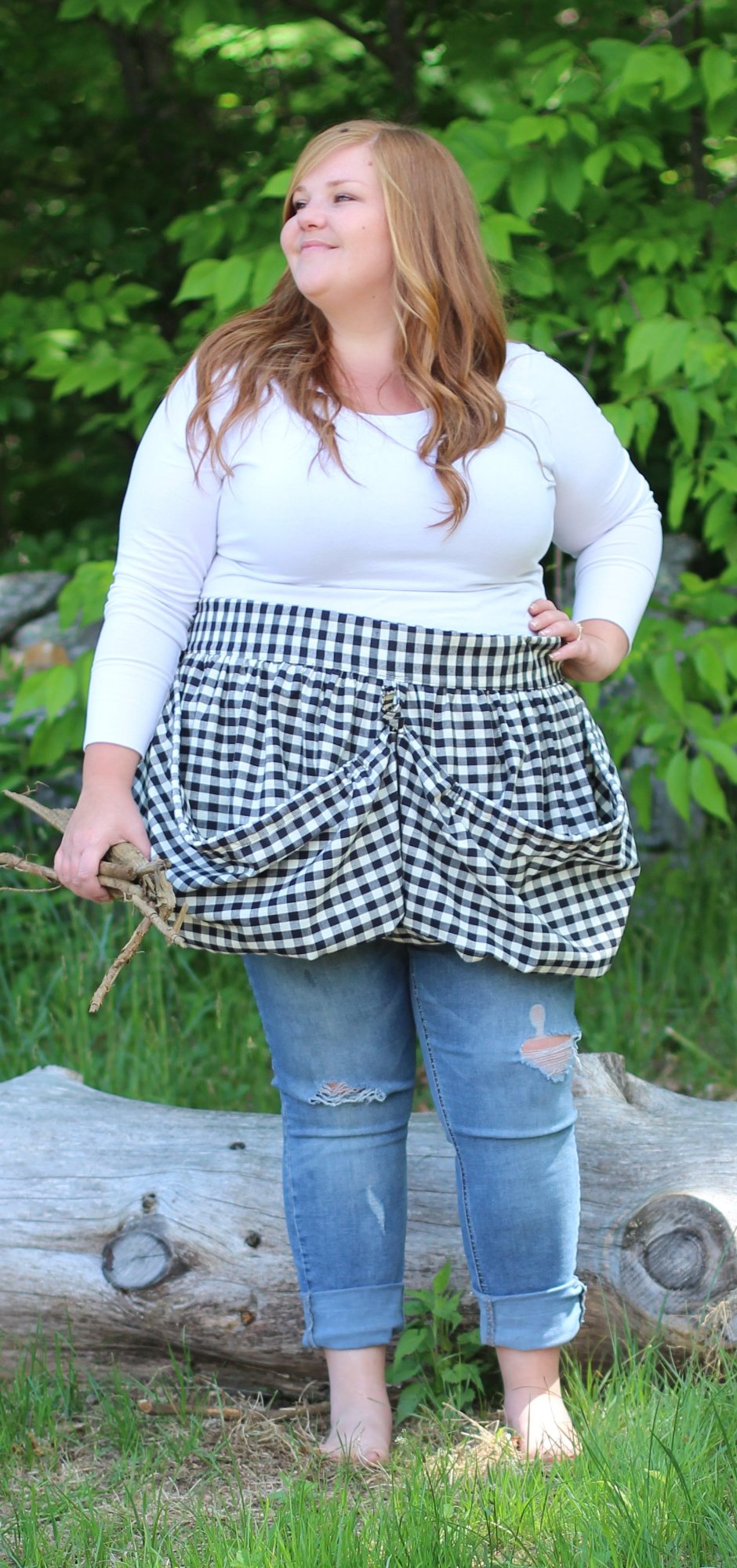 Gathering Apron in Black and White Plaid 100% Cotton Homespun in Reg and Plus Size, front view