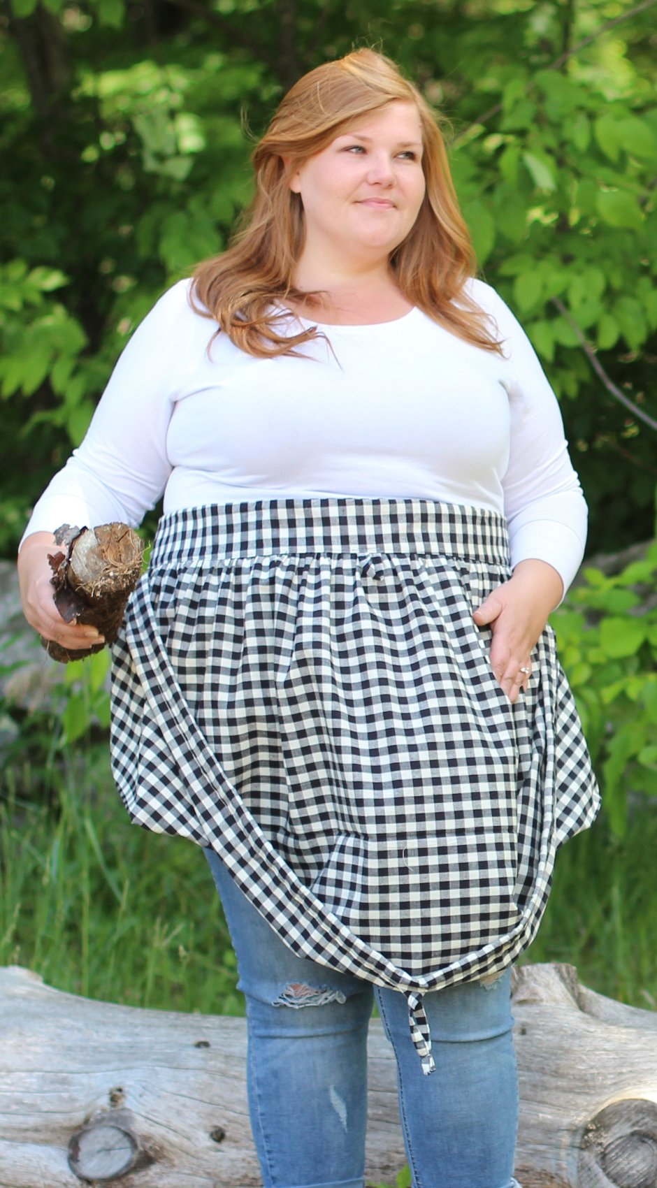 Gathering Apron in Black and White Plaid 100% Cotton Homespun in Reg and Plus Size, front view, un-gathered
