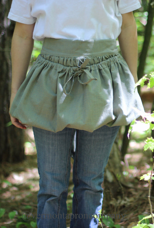 Gathering Apron in Blue  Mini Plaid 100% Cotton Homespun, front view