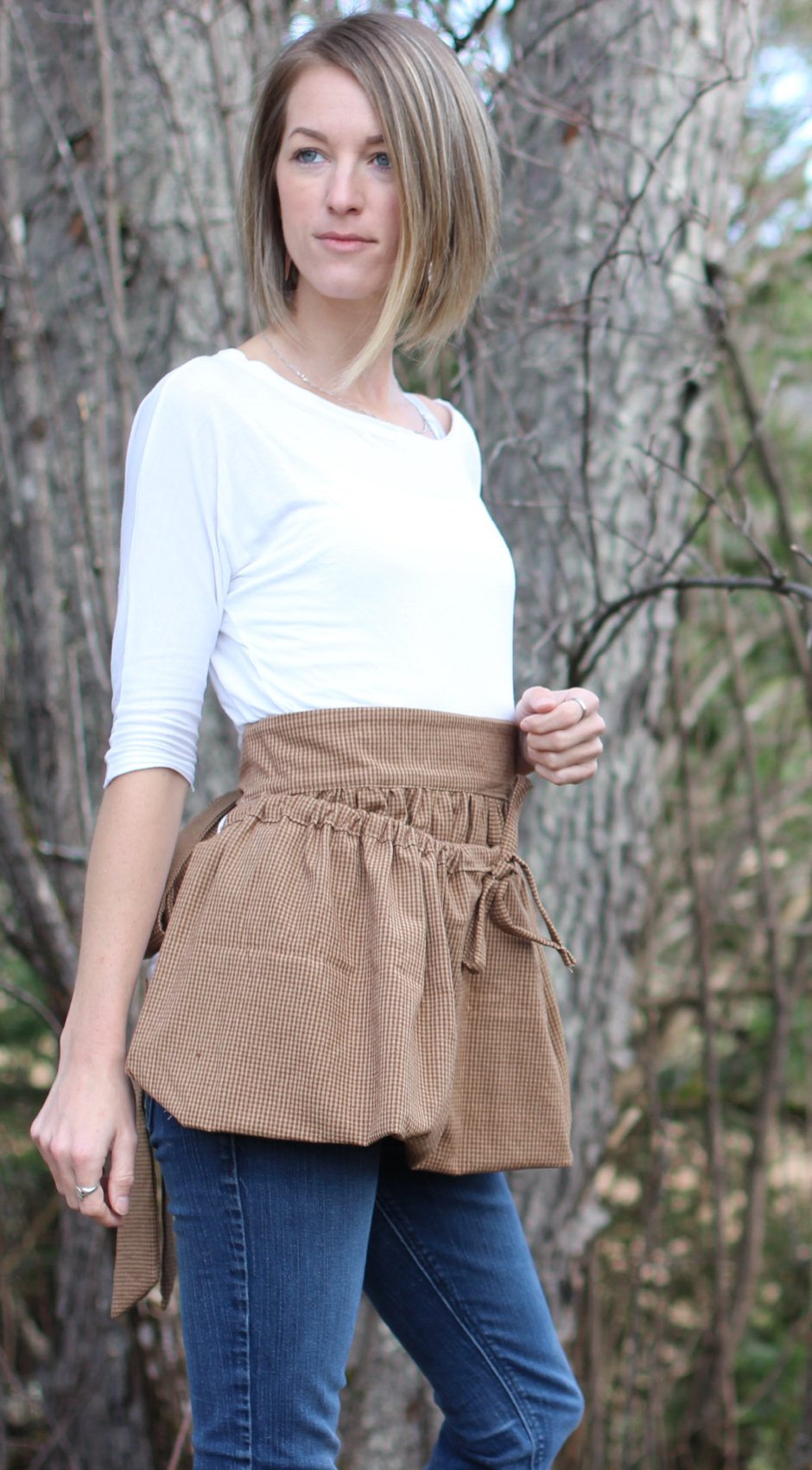 Gathering Apron in Brown Mini Plaid 100% Cotton Homespun, side view 