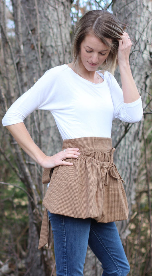 Gathering Apron in Brown Mini Plaid 100% Cotton Homespun, front/ side view 