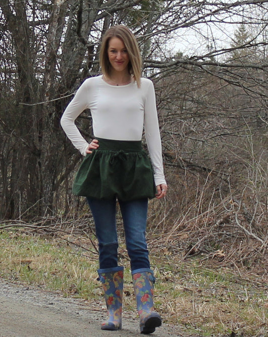 Gathering Apron in Dark Green Plaid 100% Cotton Homespun in Reg and Plus Size - Front View 1