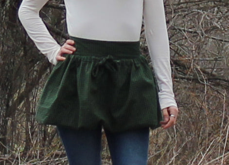 Gathering Apron in Dark Green Plaid 100% Cotton Homespun in Reg and Plus Size - Front View 2