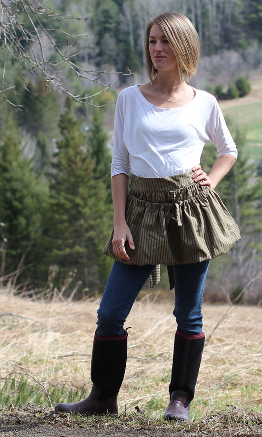 Gathering Apron in Green Stripe 100% Cotton Homespun, front view 