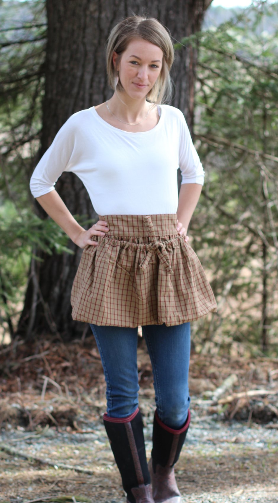 Gathering Apron in Ecru and Red Plaid 100% Cotton Homespun, front view