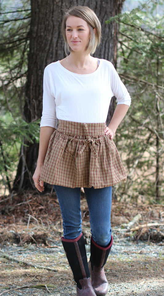 Gathering Apron in Ecru and Red Plaid 100% Cotton Homespun, front view