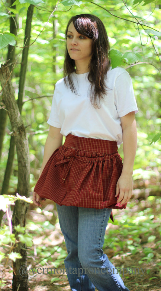 Gathering Apron in Red 100% Cotton Homespun Reg and Plus Size, front view 