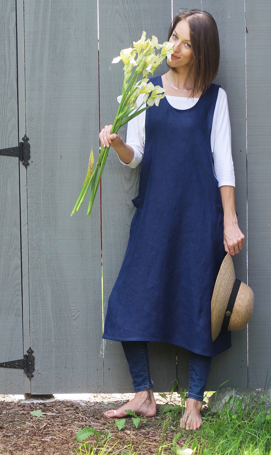 XS-5X Indigo 100% Flax Linen- Front view with Yellow Irises