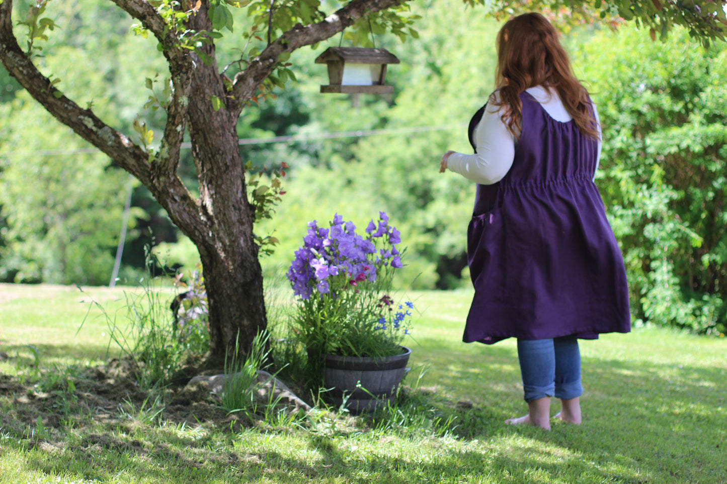 S-5X Jumper in Eggplant 100% Flax Linen, plus size, back/ side view