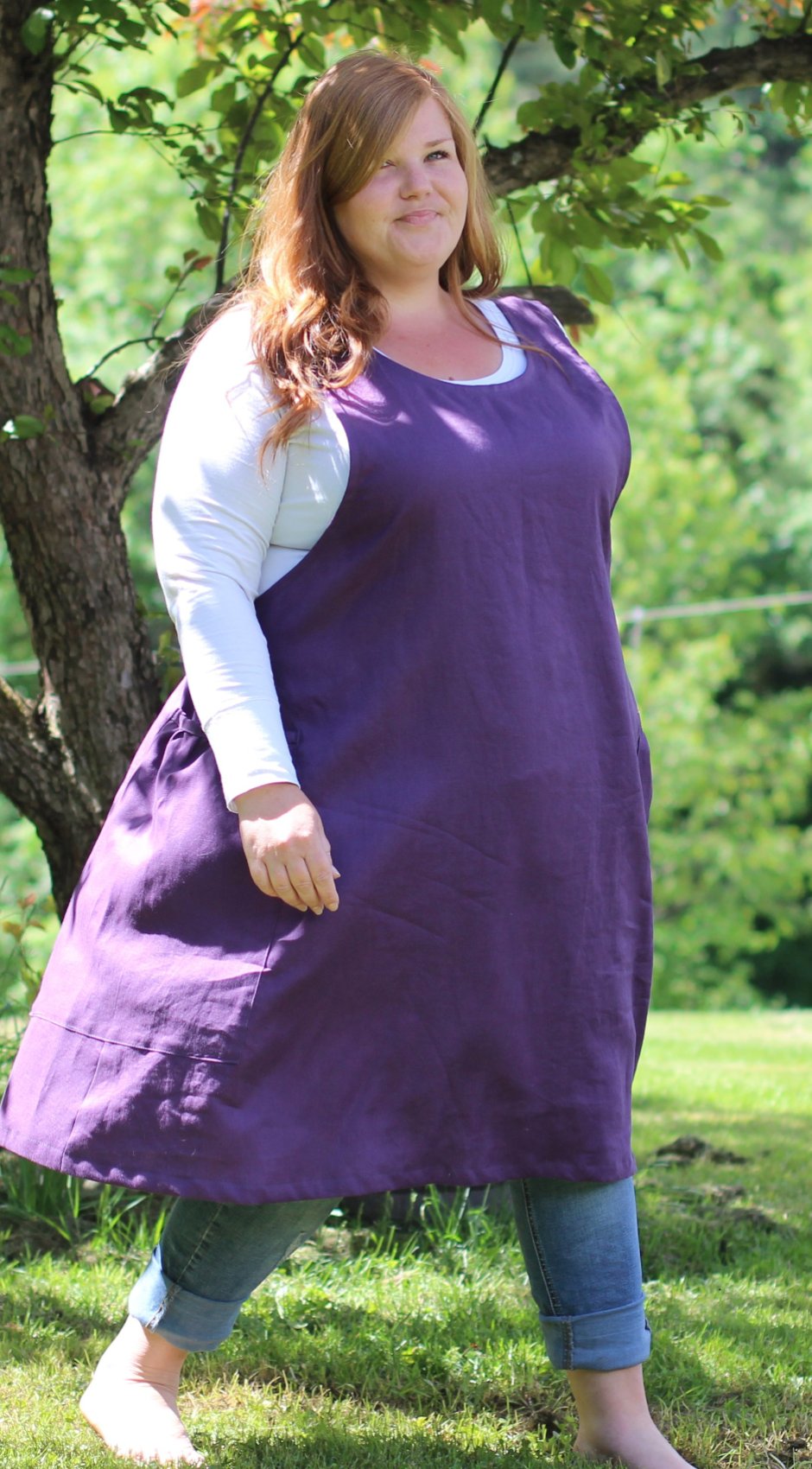 S-5X Jumper in Eggplant 100% Flax Linen, plus size, front/ side view