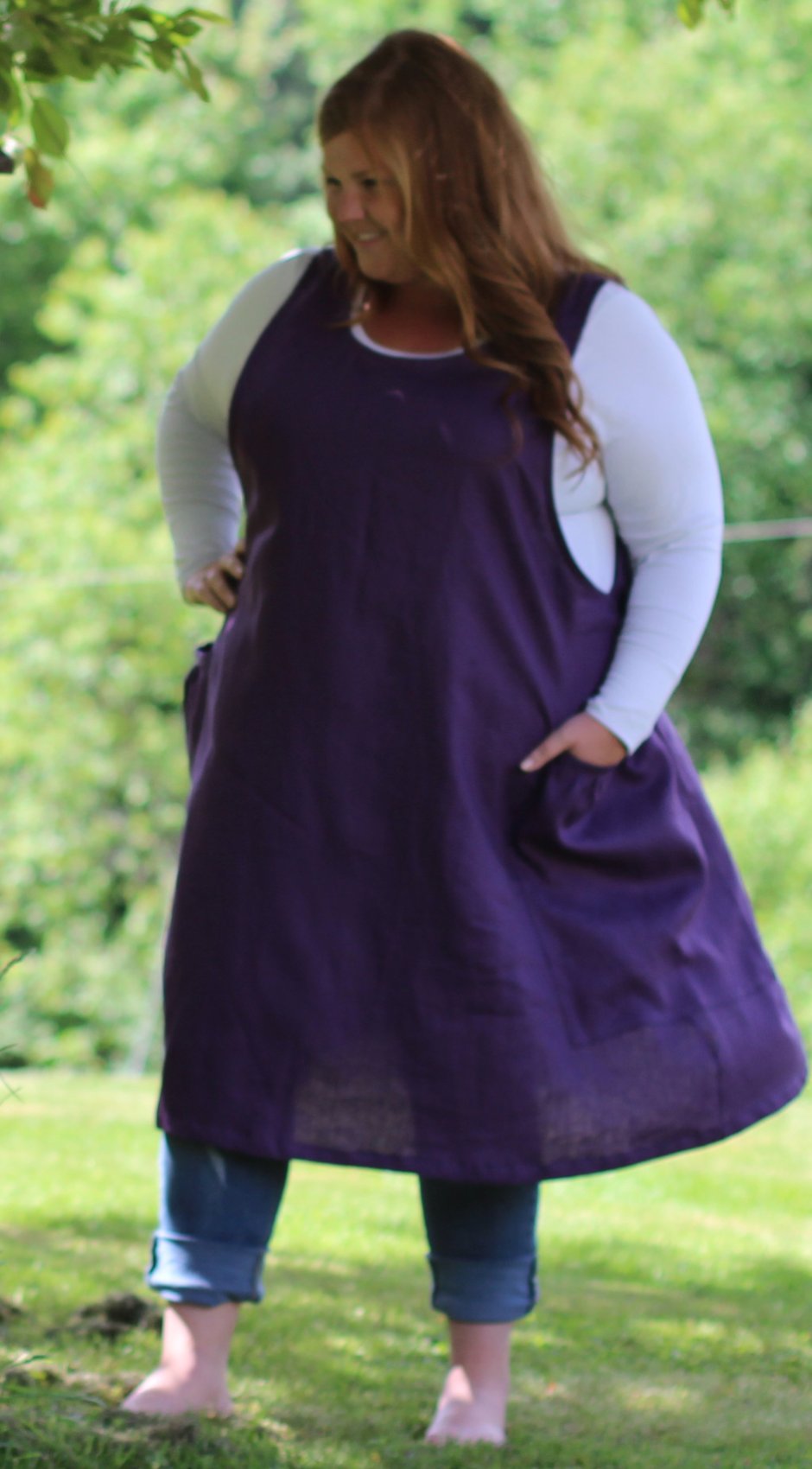 S-5X Jumper in Eggplant 100% Flax Linen, plus size, front/ side view