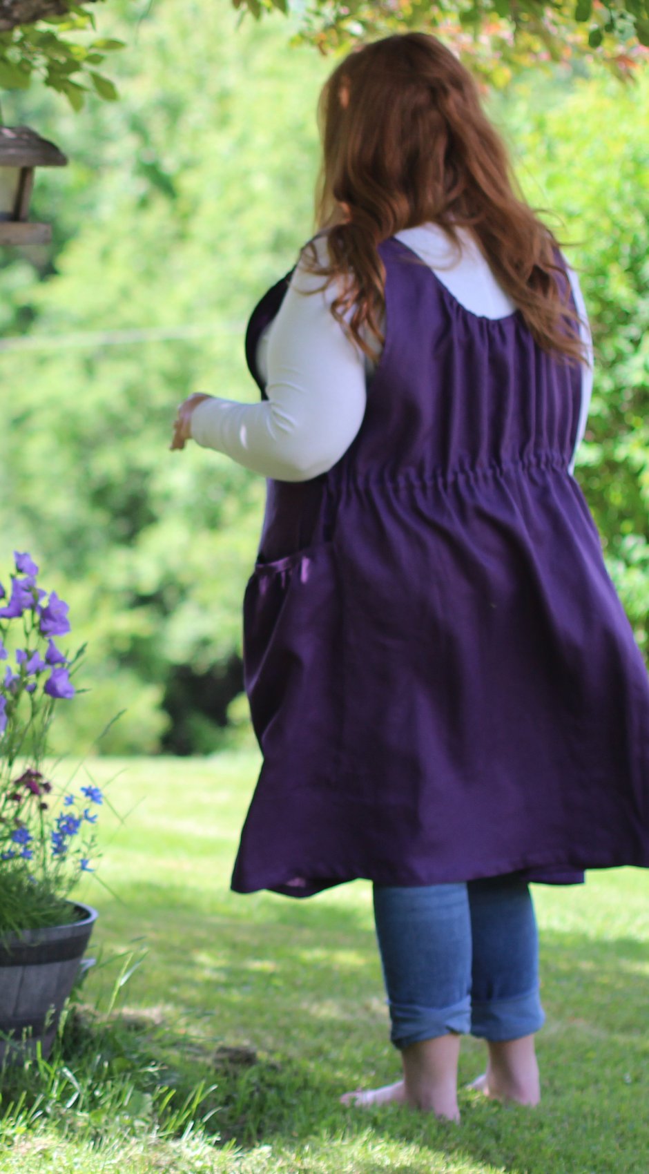 S-5X Jumper in Eggplant 100% Flax Linen, plus size, back/ side view