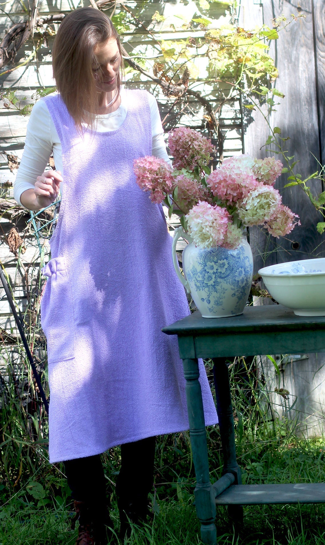XS-5X Lilac Terry Apron - No Tie Crossback Apron - Front View 2