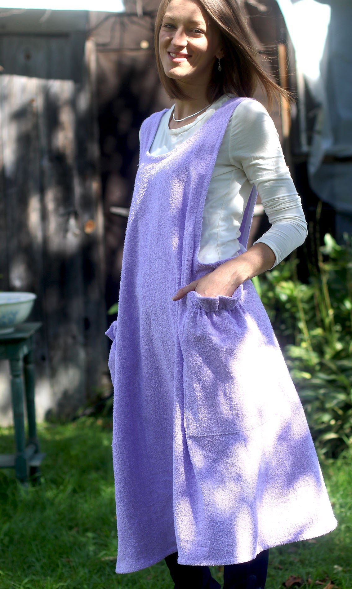 XS-5X Lilac Terry Apron - No Tie Crossback Apron - Side View 1