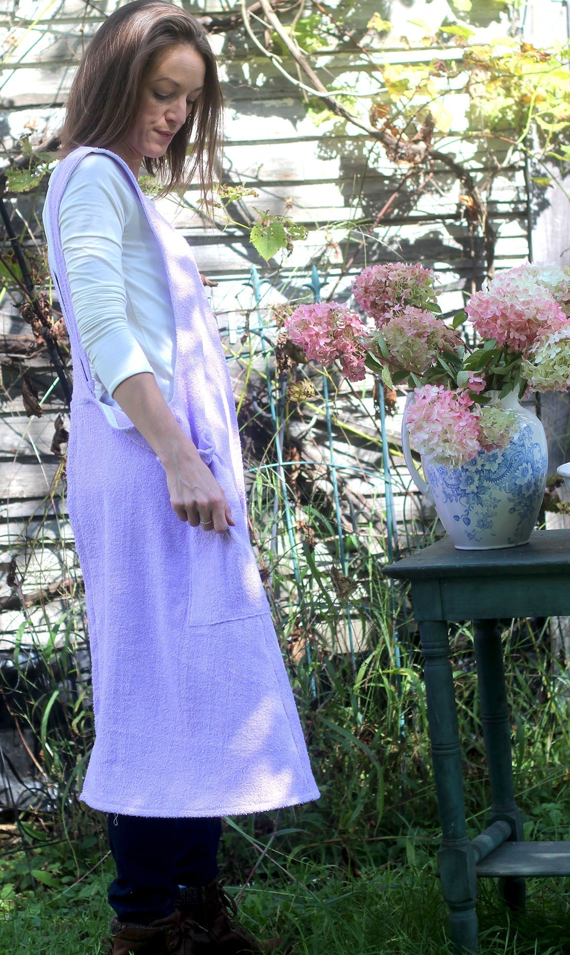 XS-5X Lilac Terry Apron - No Tie Crossback Apron - Side View 3
