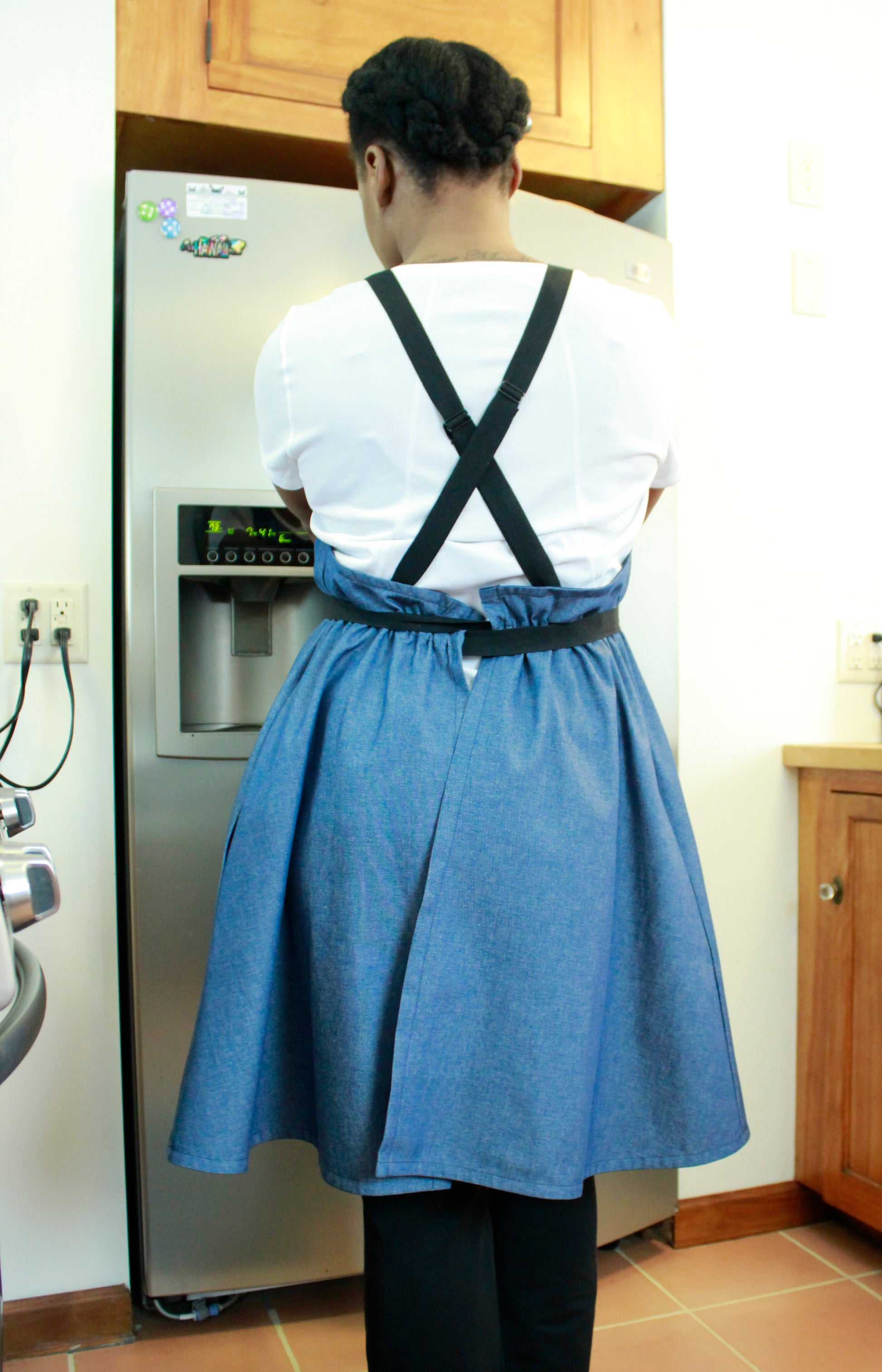 XS-5X A-Line Crossback Apron in Denim, back view