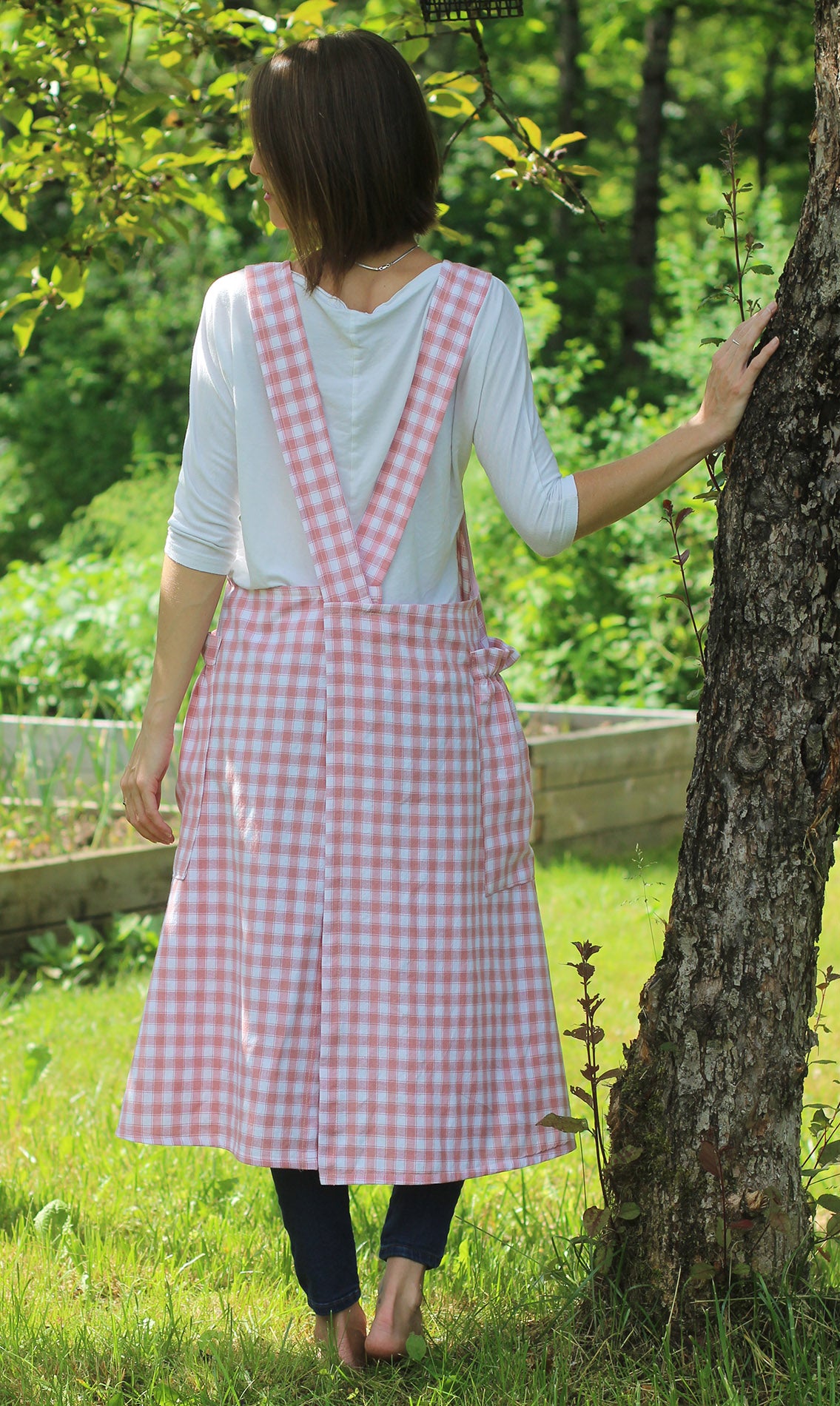 XS-5X No Ties Crossback Apron in 100% Cotton Pink and White Check Homespun - Back View