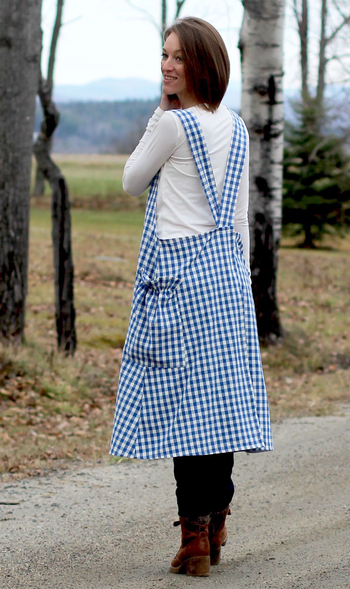 No Tie Apron in Blue and White Check - Back View