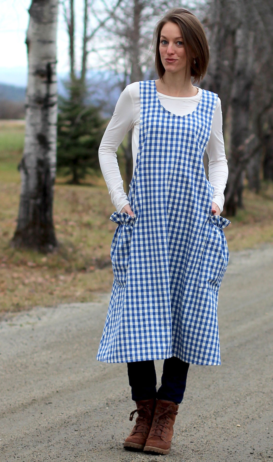 No Tie Apron in Blue and White Check - yet another front view