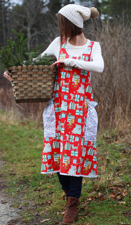 XS-5X Holiday Gifts and Cats in Red- No Tie Crossback Apron - Front View