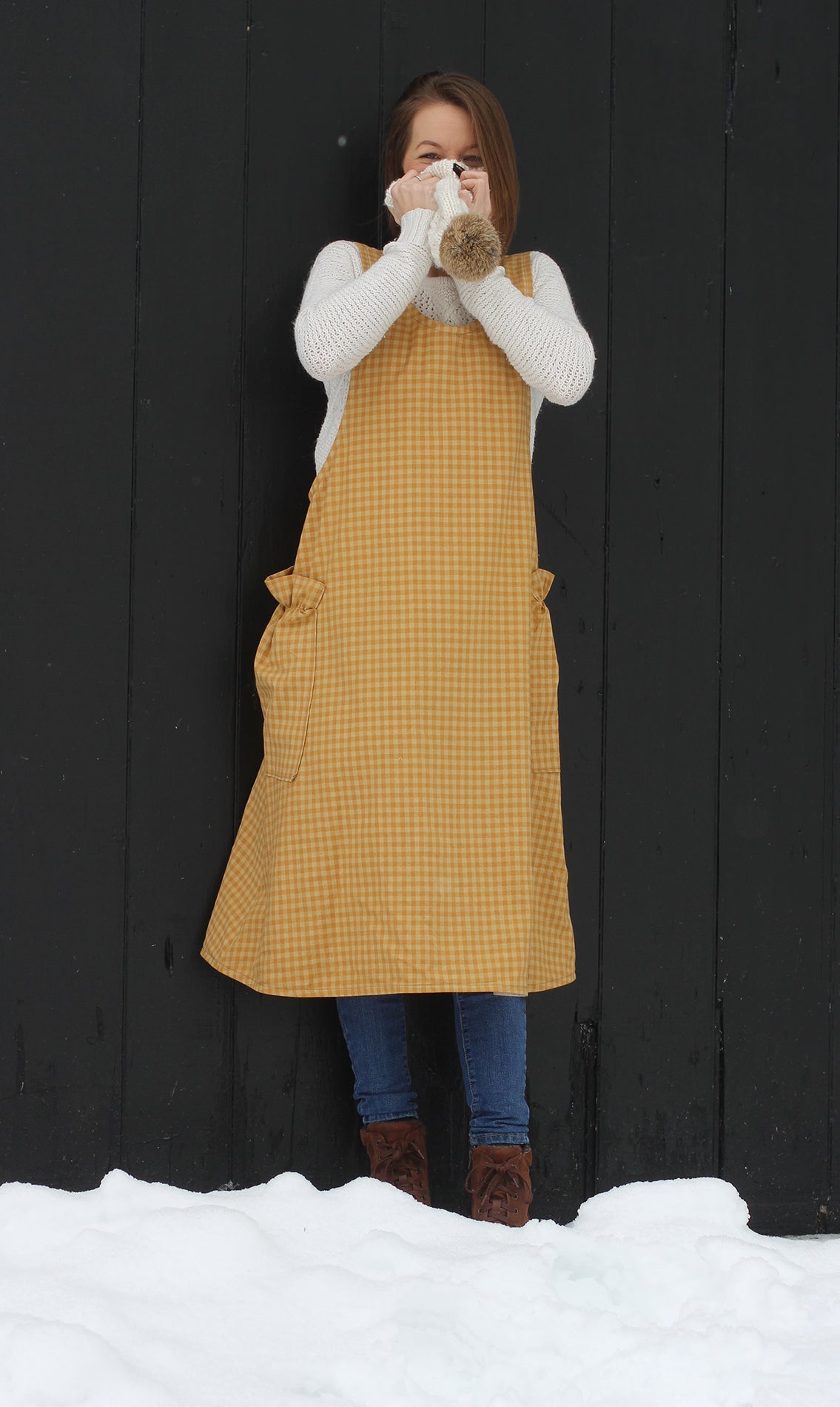 Yellow Plaid Homespun No Tie Apron by The Vermont Apron  Company  with a hat - Front View