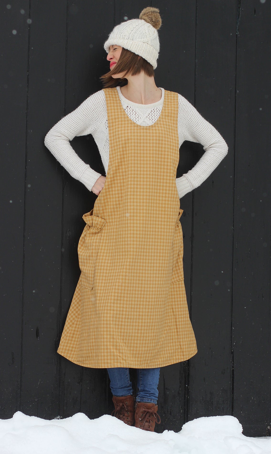Yellow Plaid Homespun No Tie Apron by The Vermont Apron  Company with snow