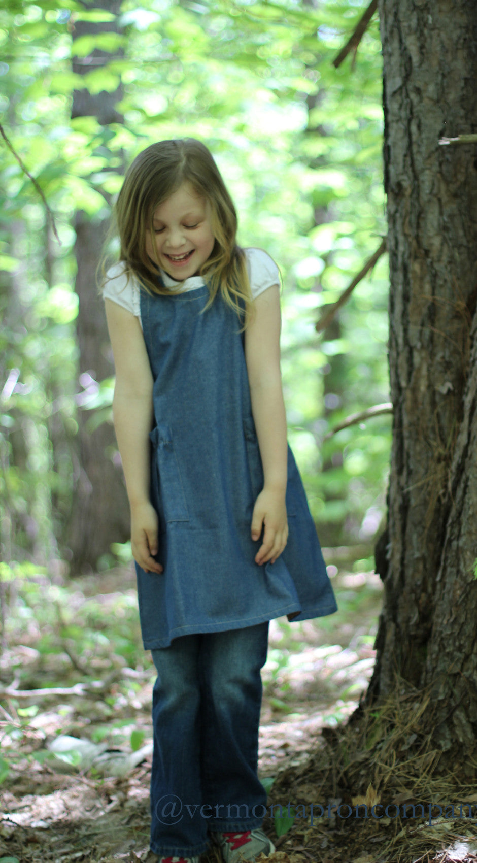 Children's No Tie Apron in Denim with Crisscross Back, front view
