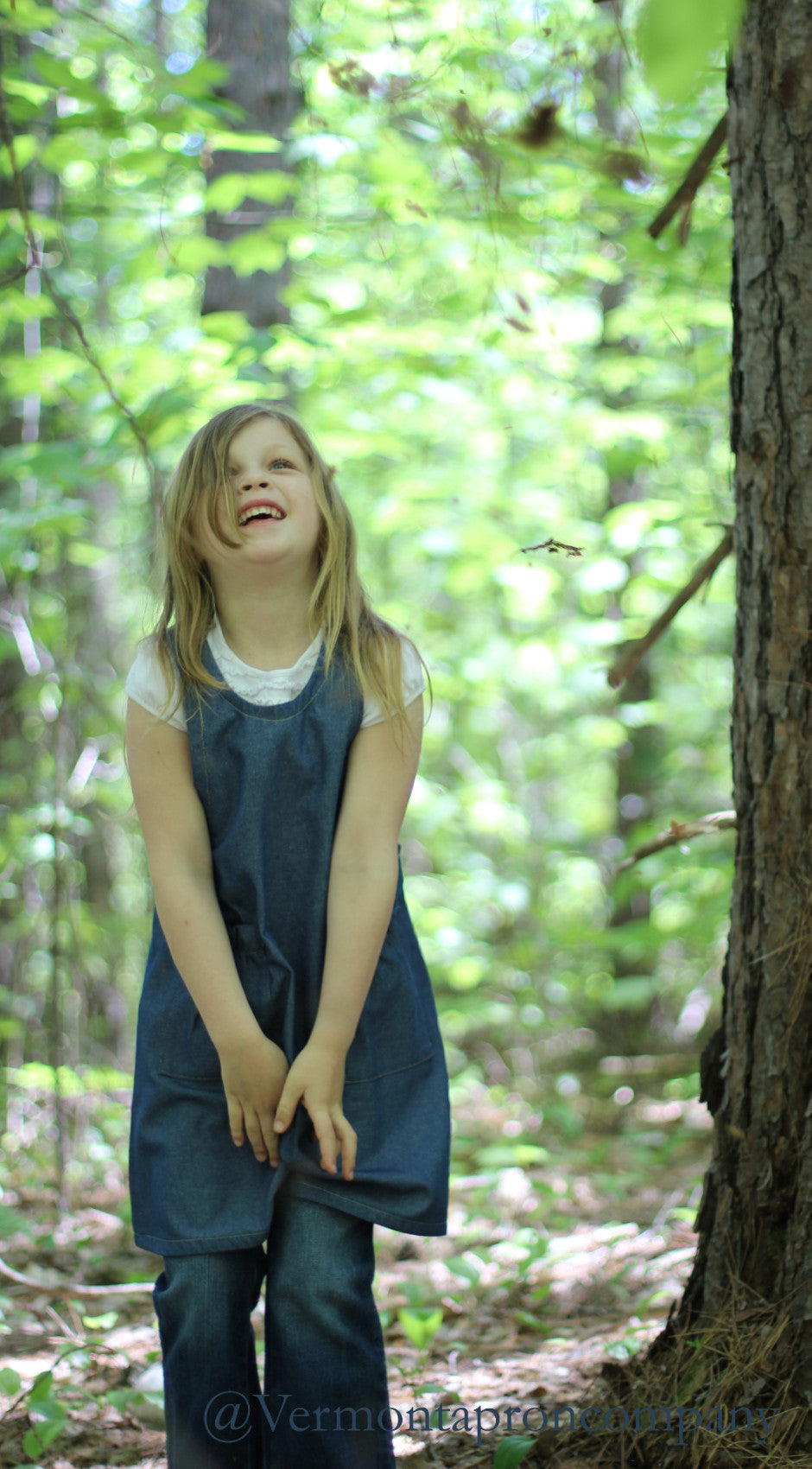 Children's No Tie Apron in Denim with Crisscross Back, front view 