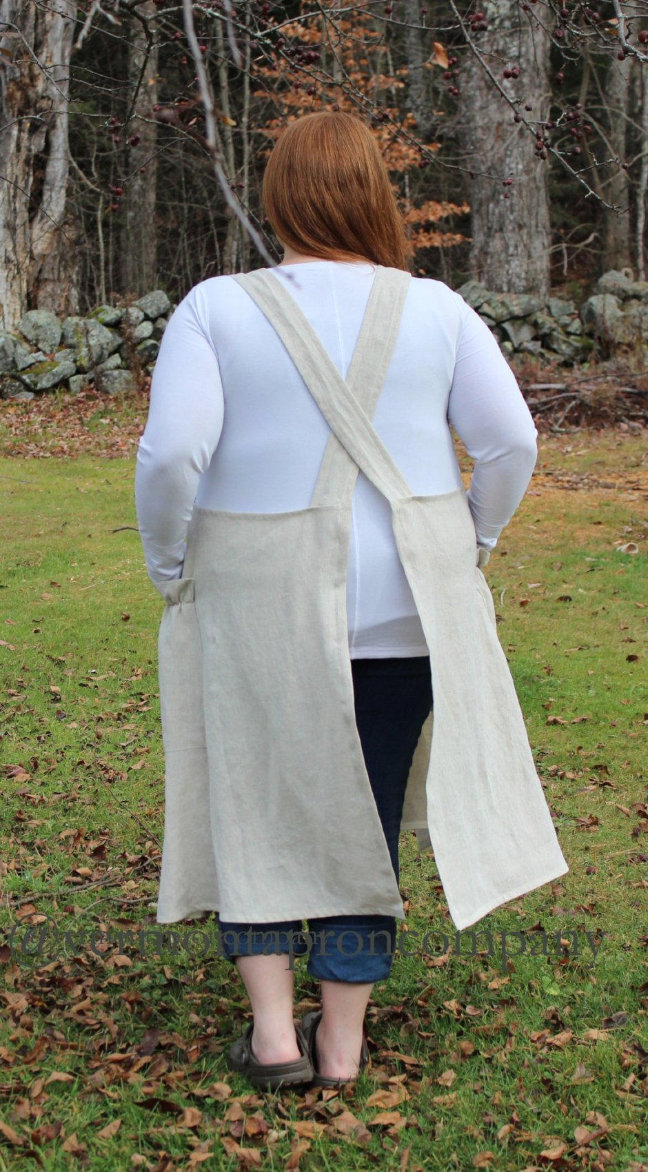 XS-5X No Tie Crossback Apron in Oatmeal 100% Flax Linen, plus size, back view