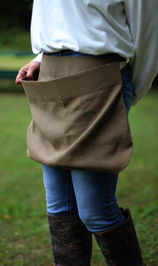 Pouch Apron in Olive Linen - Side View