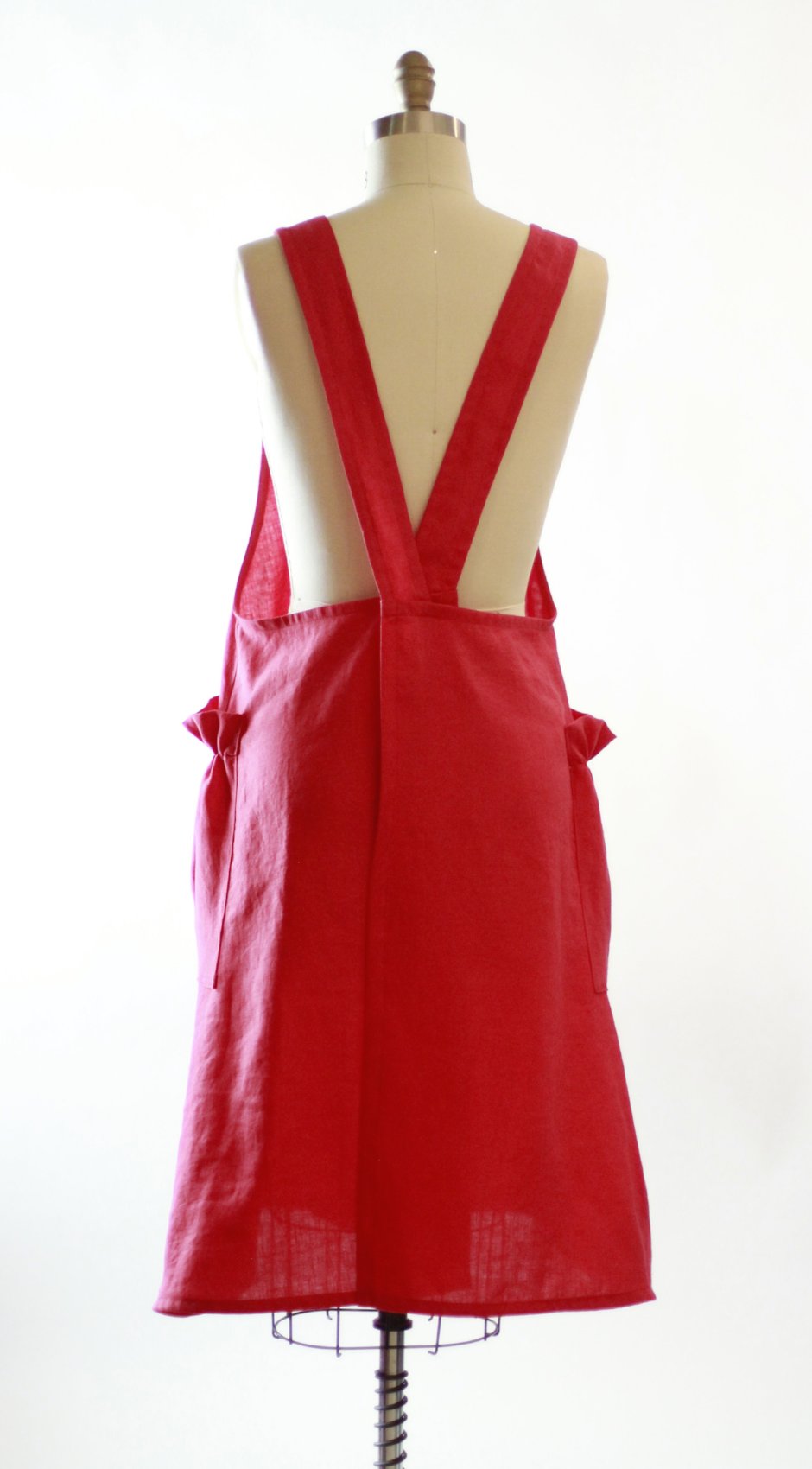No Tie Crossback Apron in Red 100% Flax Linen XS-5X, back view