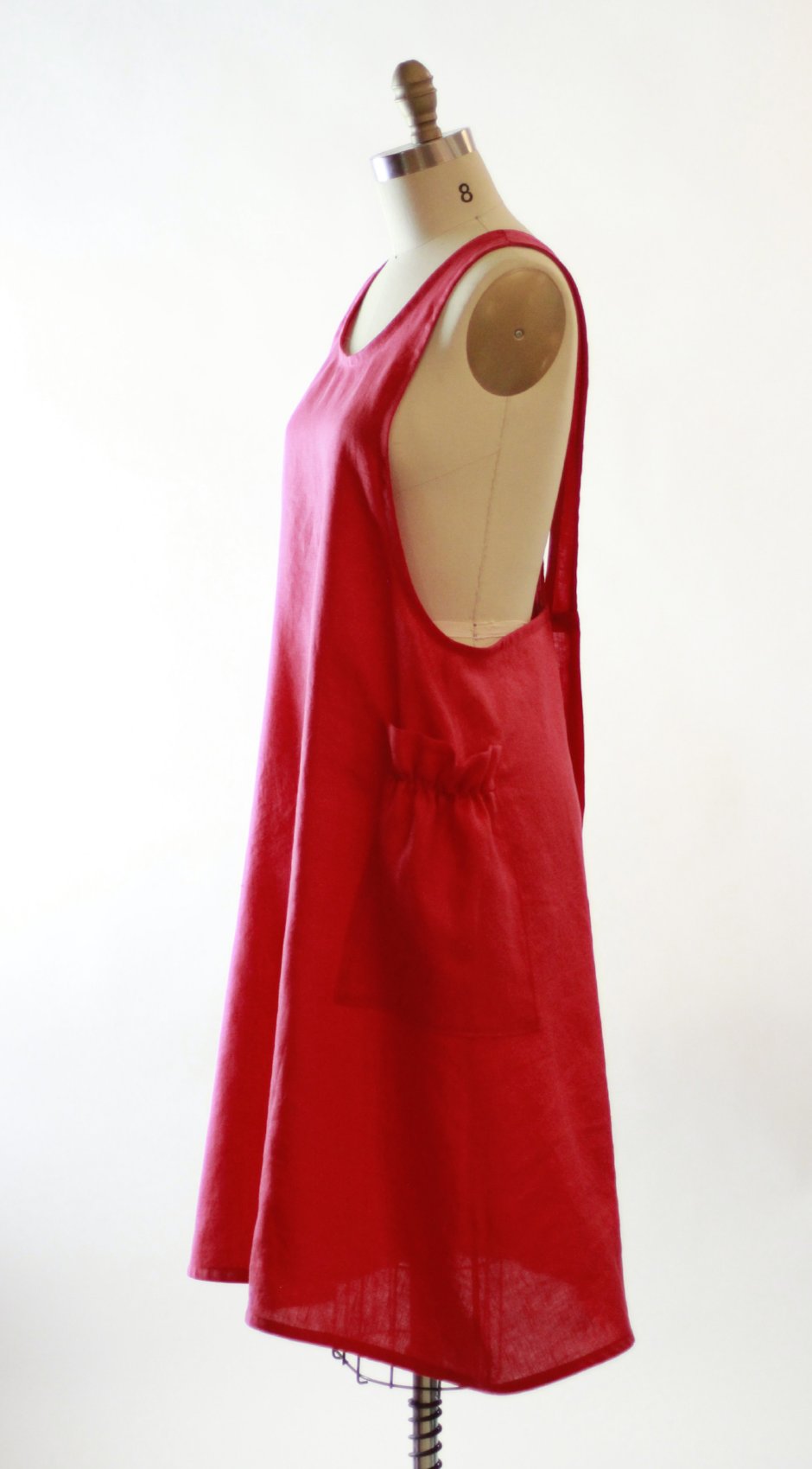 No Tie Crossback Apron in Red 100% Flax Linen XS-5X, side view