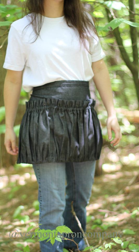 Ruffled Gathering Apron in Black Denim, front view 