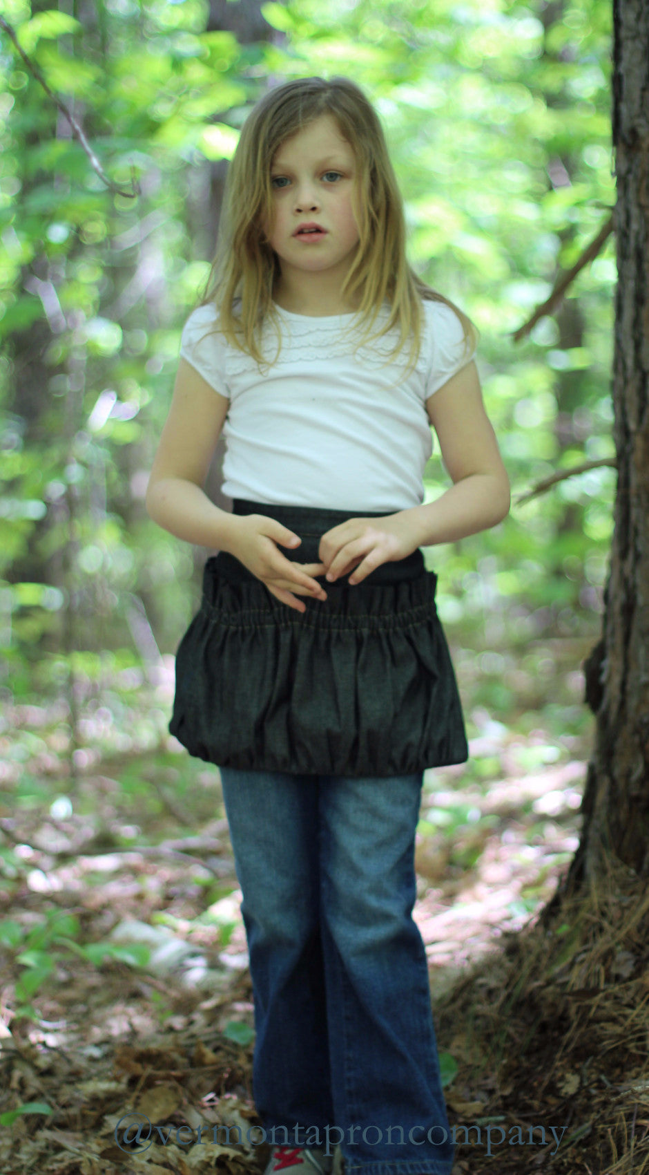 Childrens Ruffled Gathering Apron in Black Denim 