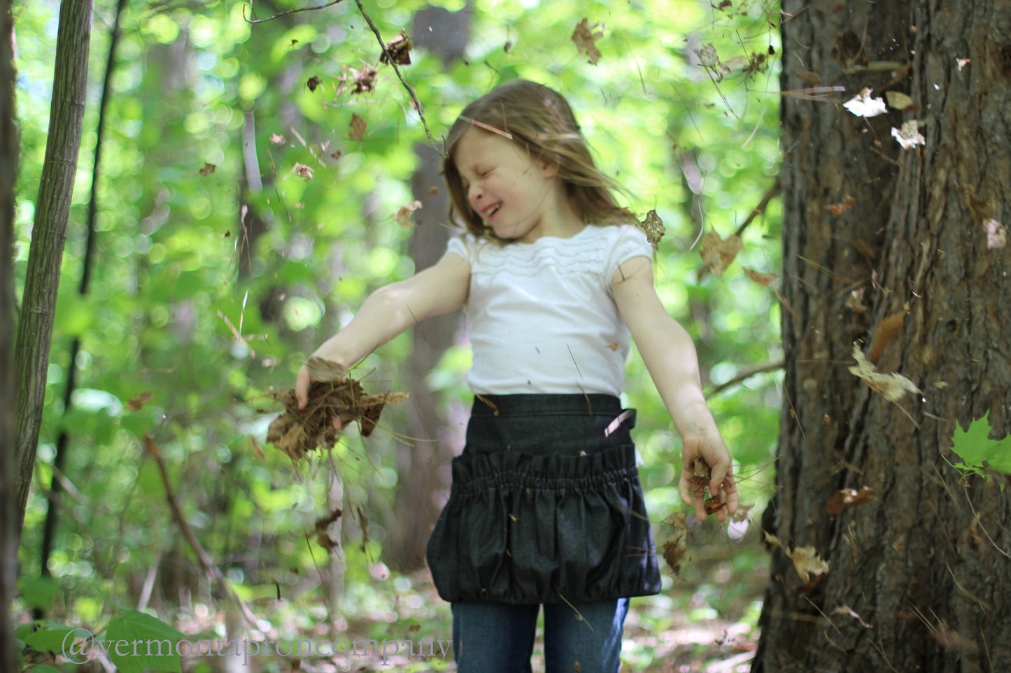 Childrens Ruffled Gathering Apron in Black Denim 