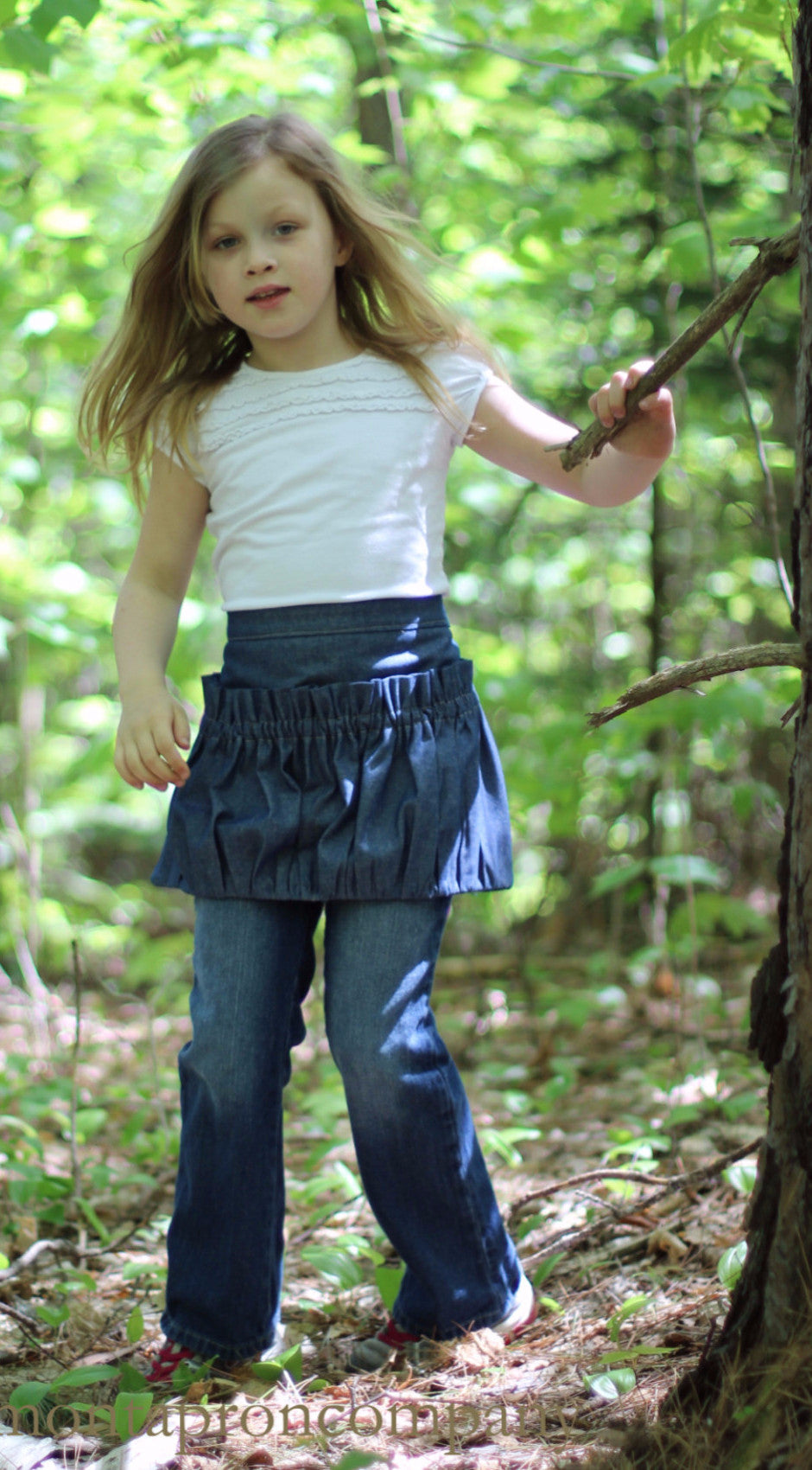 Childrens Ruffled Gathering Apron in Navy Denim 