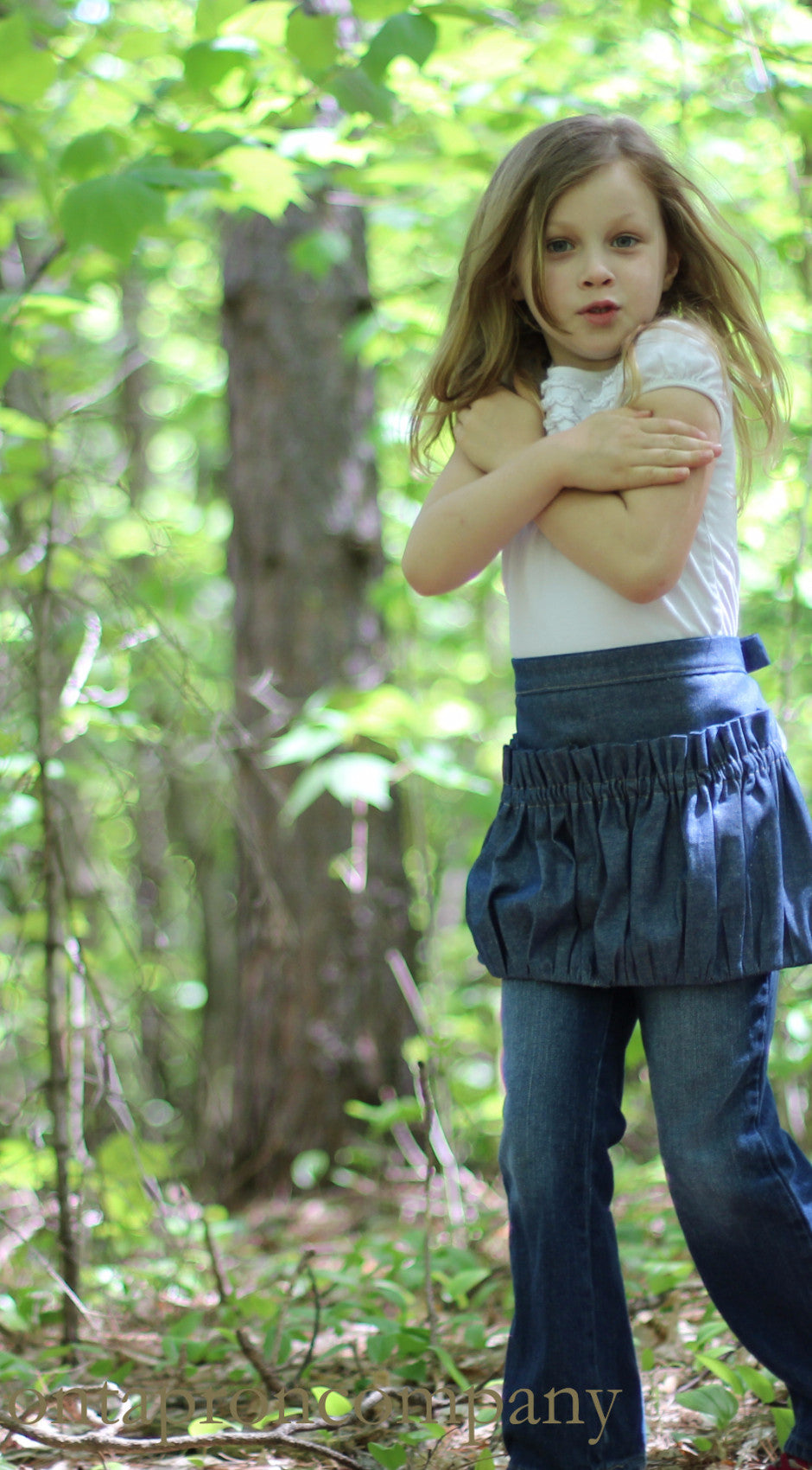 Childrens Ruffled Gathering Apron in Navy Denim 
