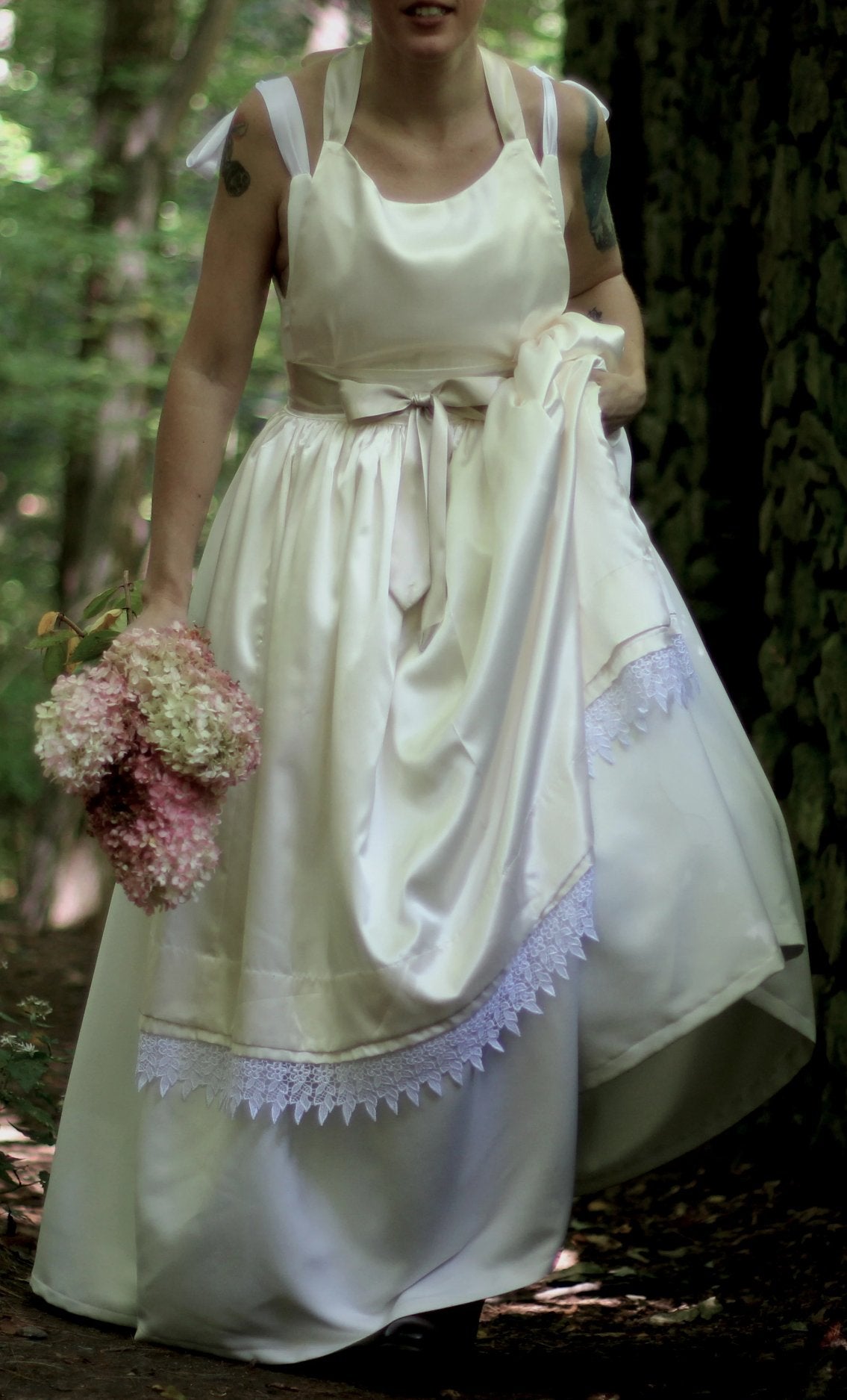Bridal Apron in Satin, Pleats and Lace - front view 2