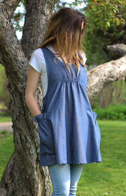 XS-5X Smock #1 in Denim - Front view under a tree.