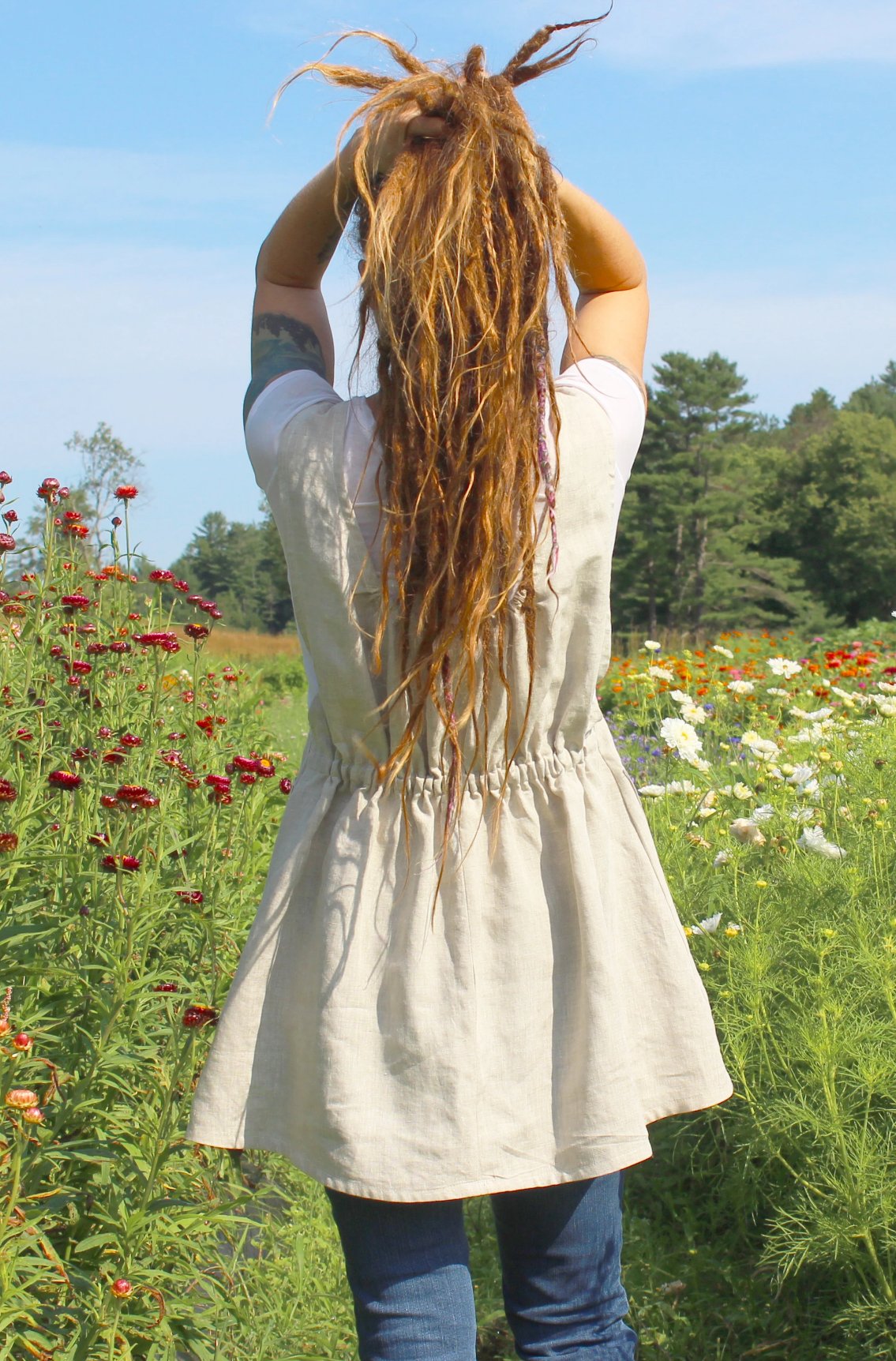 Smock #2 in linen with a back view of gathered waist.