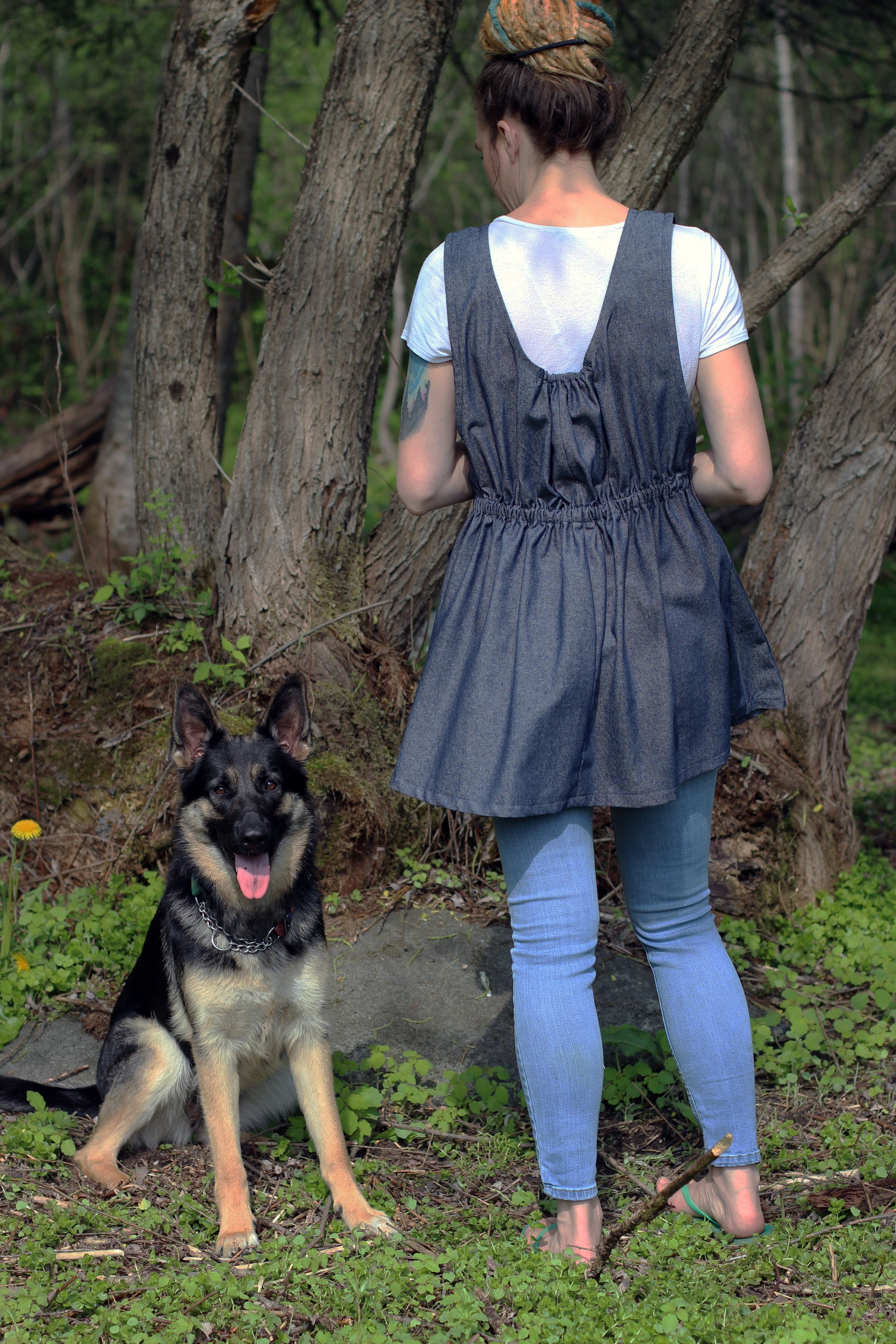 XS-5X Smock #2 in Denim - Back View with Dog