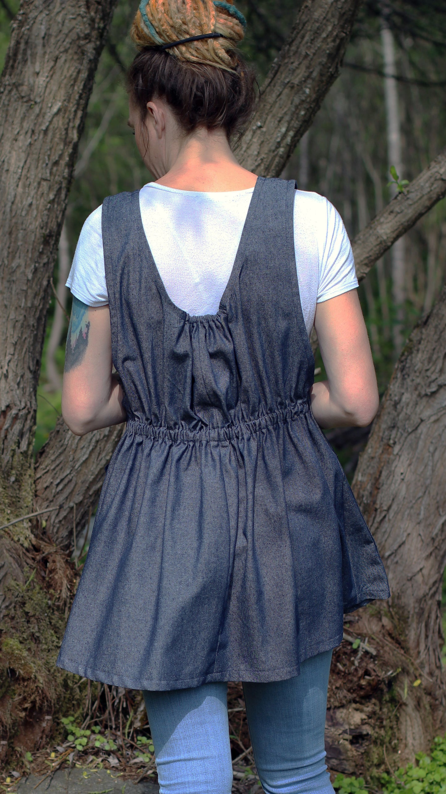 XS-5X Smock #1 in Denim - Back view in navy denim version.