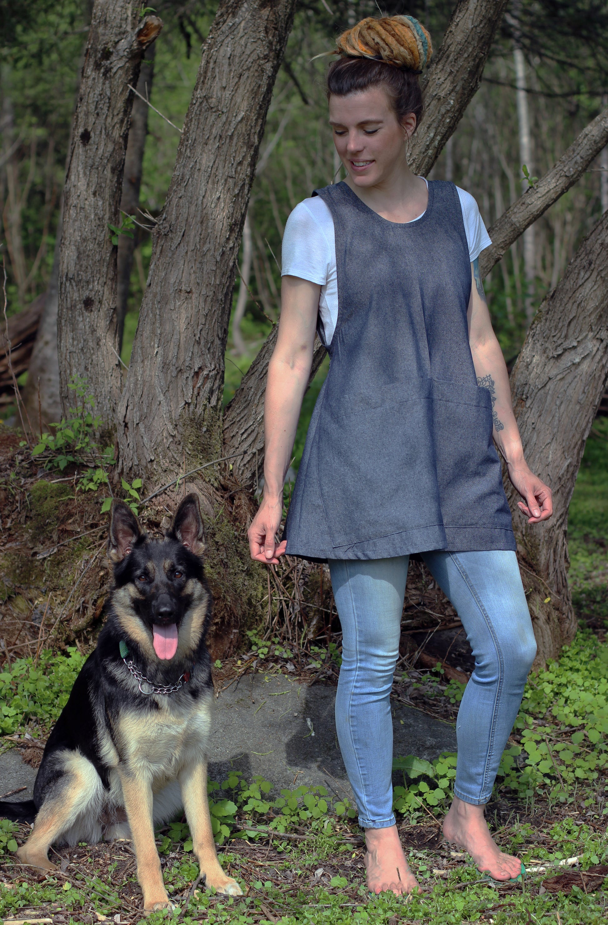 XS-5X Smock #2 in Denim - Front View with Dog